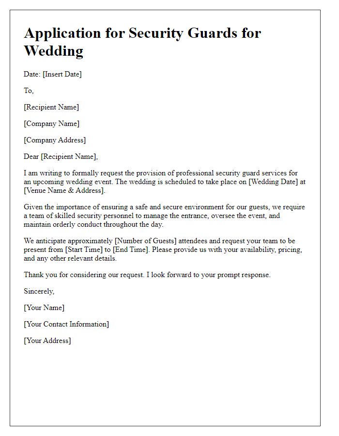 Letter template of application for security guards for a wedding