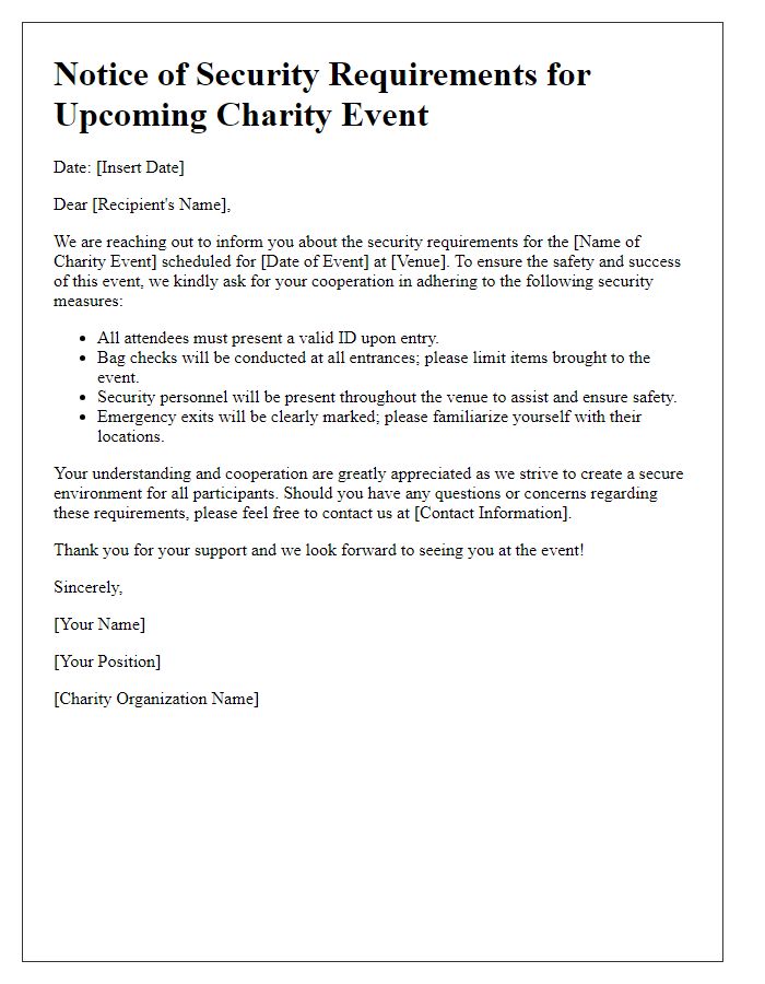 Letter template of notification for security requirements at a charity event