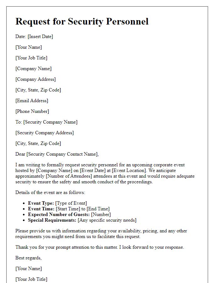 Letter template of request for security personnel for corporate event