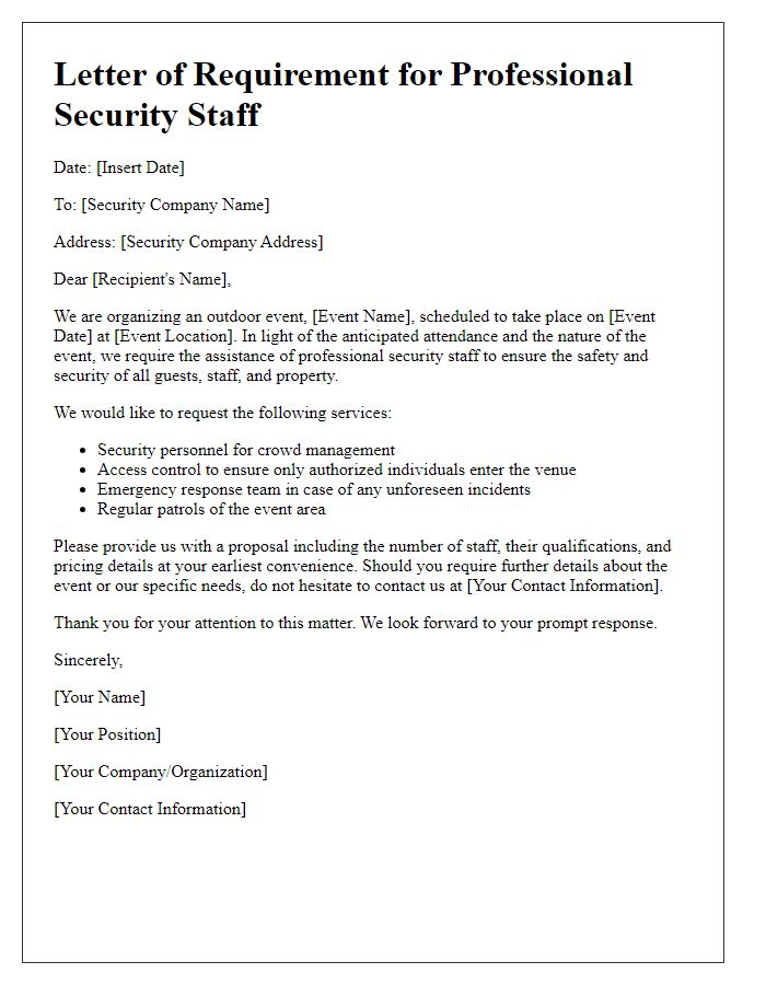 Letter template of requirement for professional security staff for an outdoor event