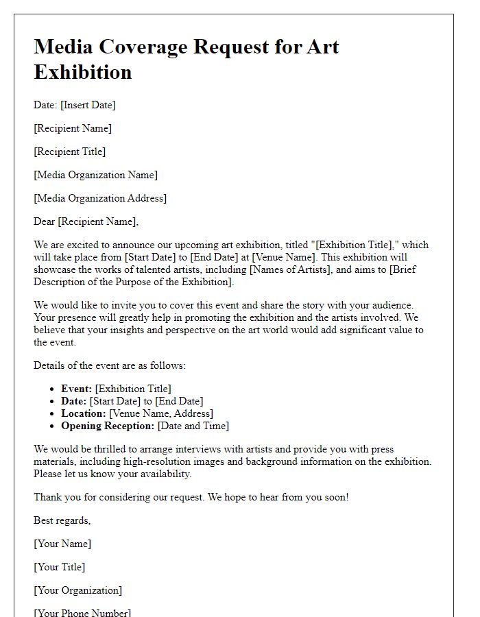 Letter template of media coverage request for an art exhibition