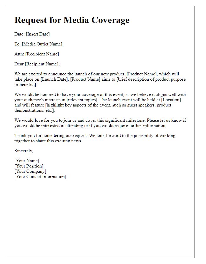 Letter template of media coverage request for a product launch