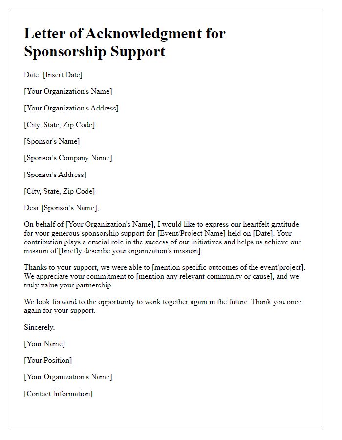 Letter template of acknowledgment for sponsorship support