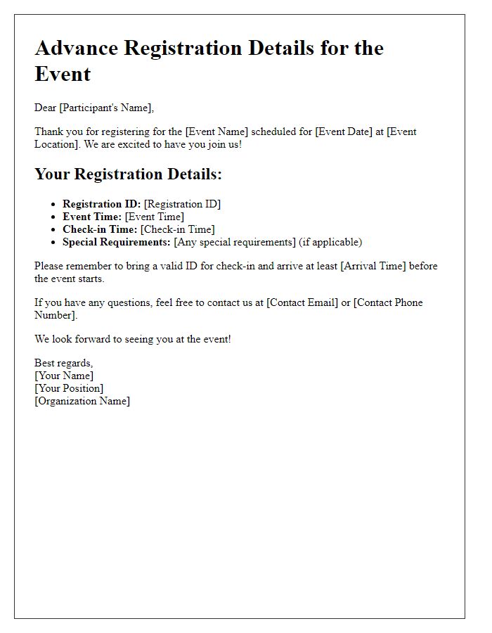 Letter template of advance registration details for the event