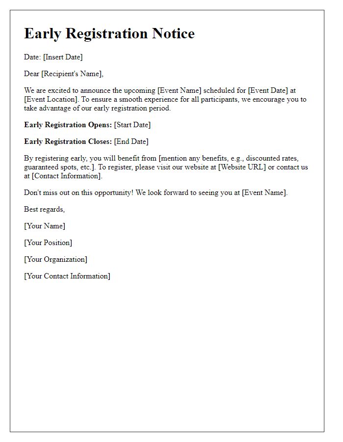 Letter template of notice for early registration of event