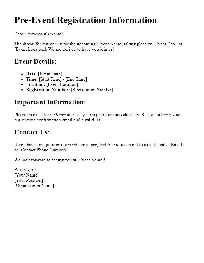 Letter template of pre-event registration information