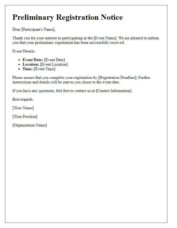 Letter template of preliminary registration notice for participants
