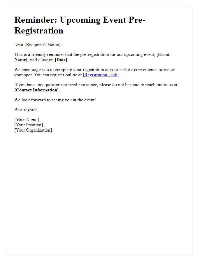 Letter template of reminder for upcoming event pre-registration