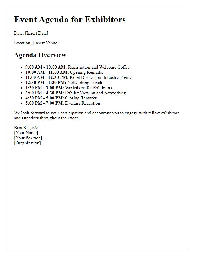 Letter template of event agenda for exhibitors