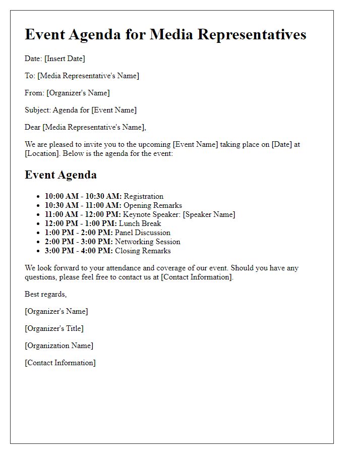 Letter template of event agenda for media representatives