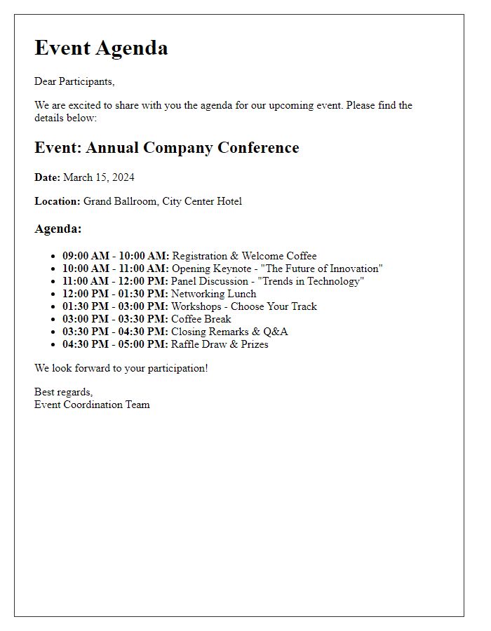 Letter template of event agenda for participants