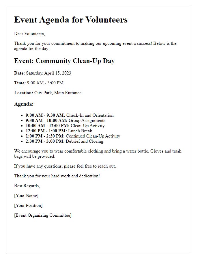 Letter template of event agenda for volunteers