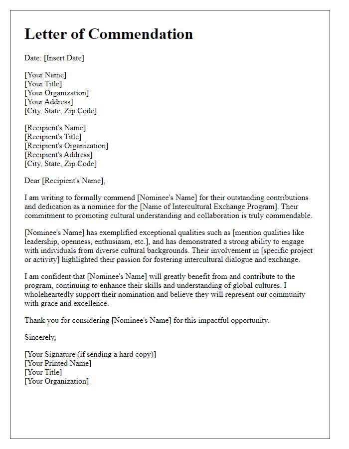 Letter template of commendation for an intercultural exchange program nominee.