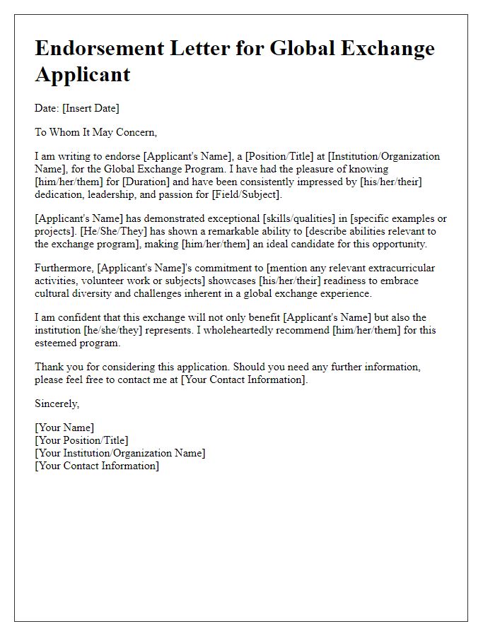 Letter template of endorsement for a global exchange applicant.