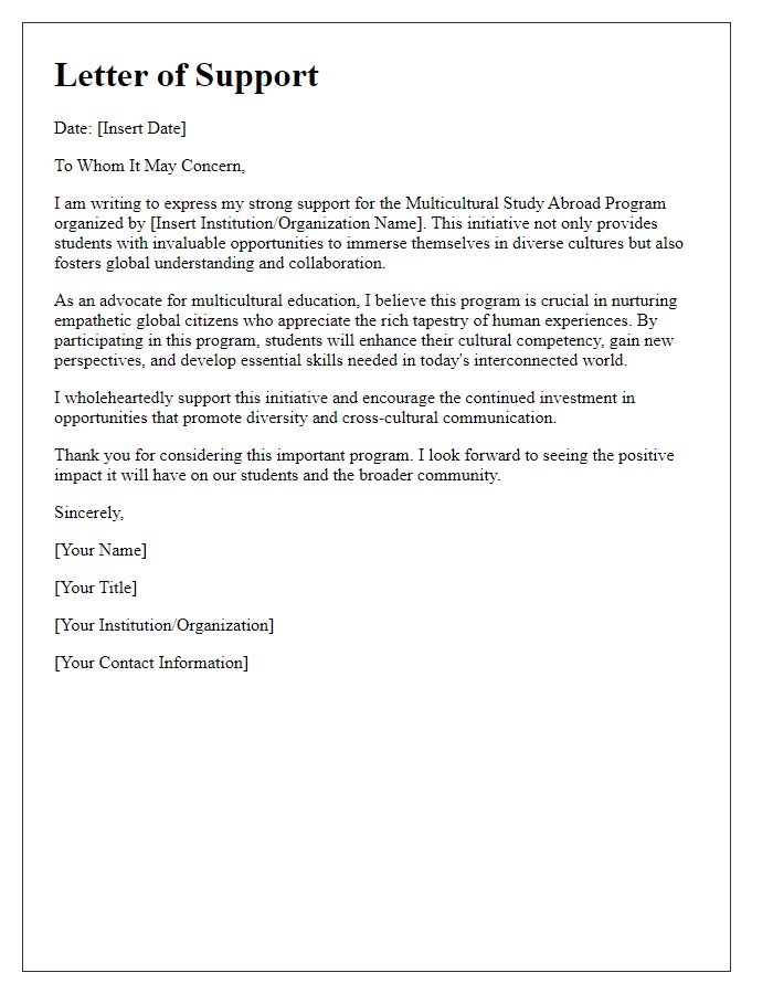 Letter template of support for a multicultural study abroad program.