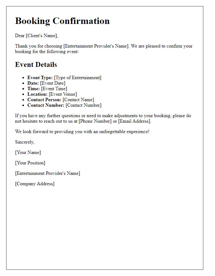 Letter template of entertainment booking confirmation