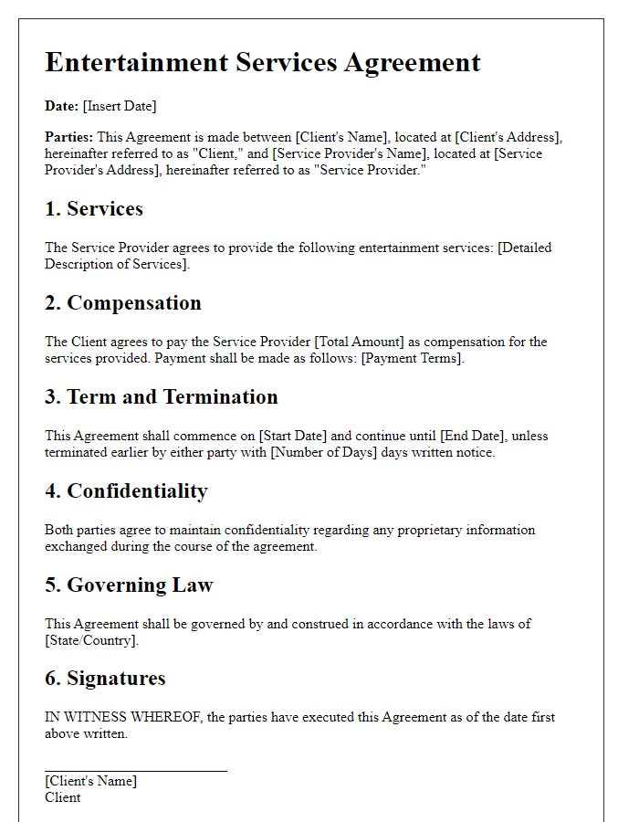 Letter template of entertainment services agreement