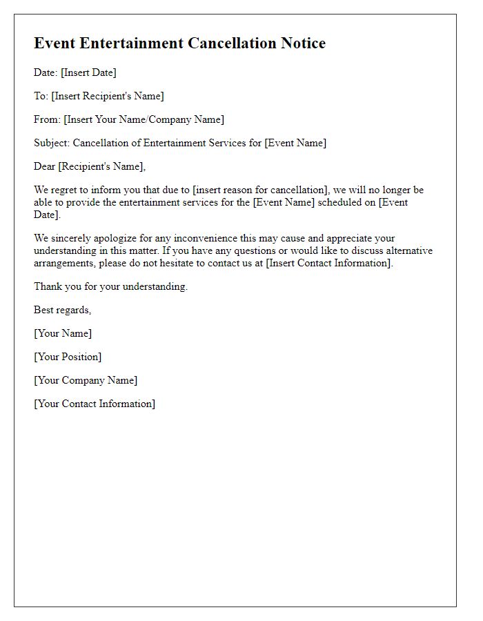 Letter template of event entertainment cancellation notice