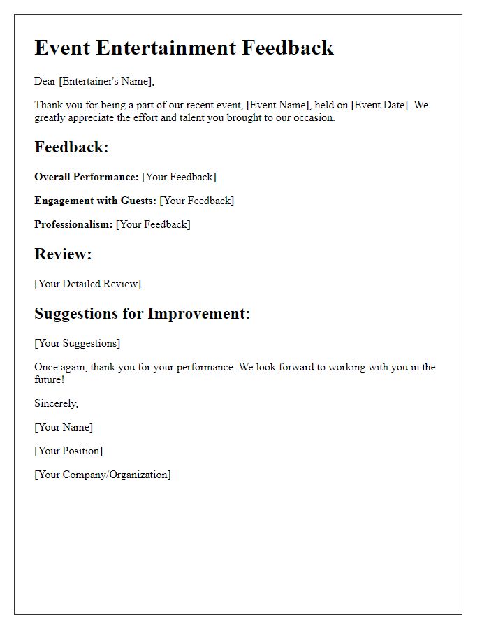 Letter template of event entertainment feedback and review