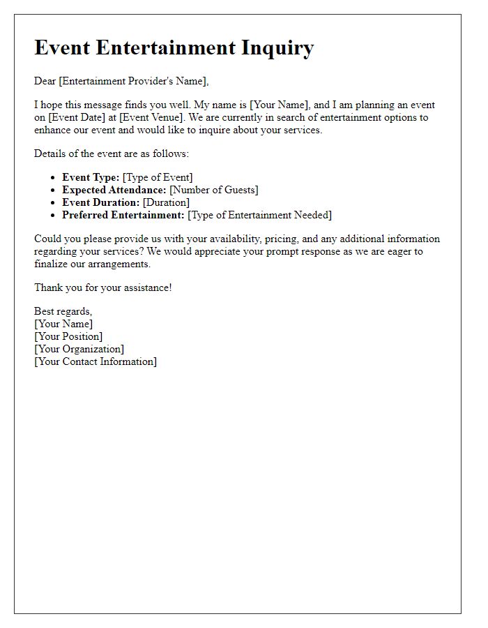 Letter template of event entertainment inquiry