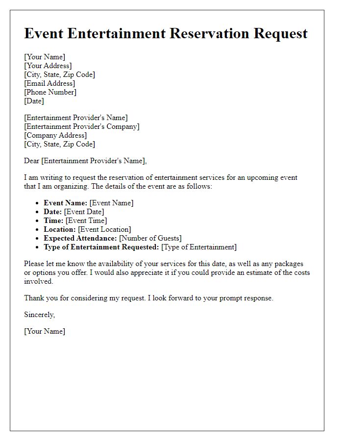 Letter template of event entertainment reservation request