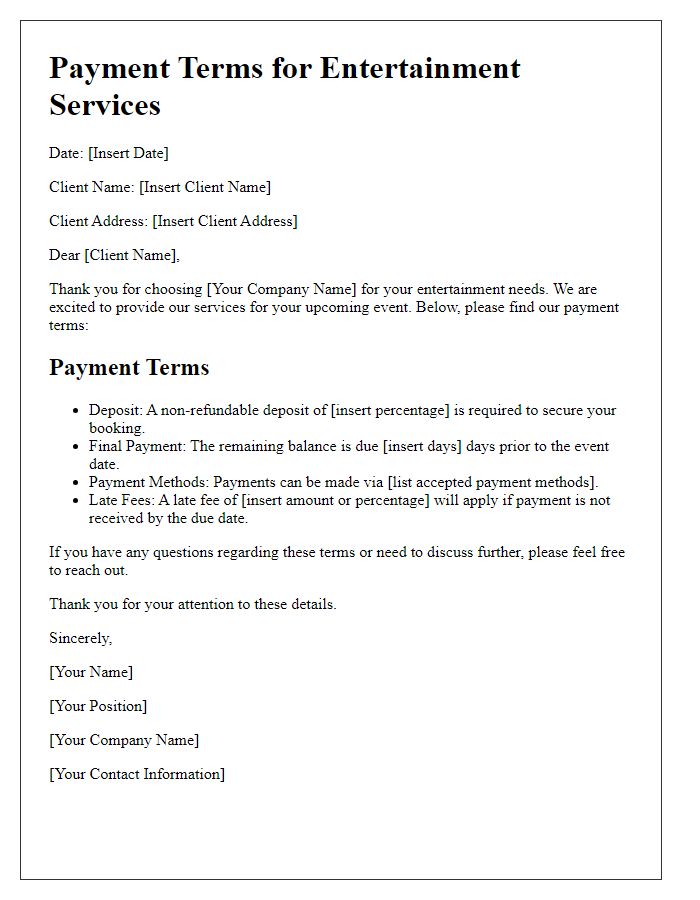 Letter template of payment terms for entertainment services