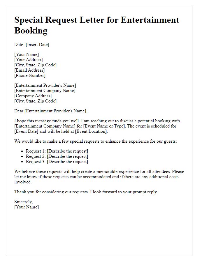 Letter template of special requests for entertainment booking