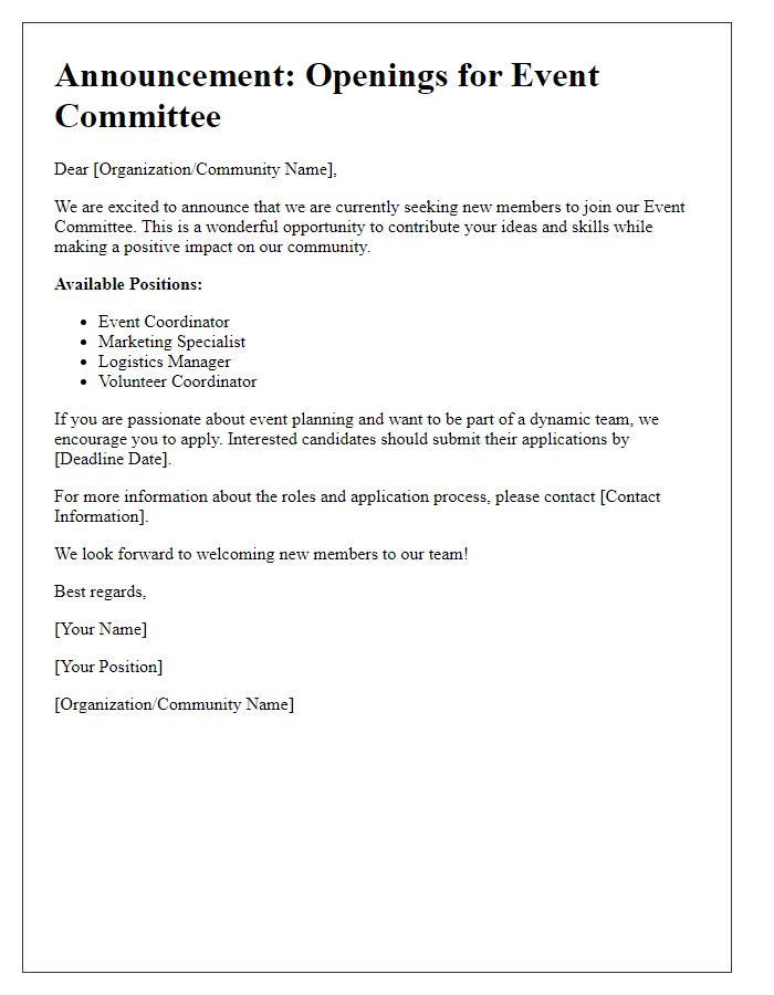 Letter template of announcement for event committee openings