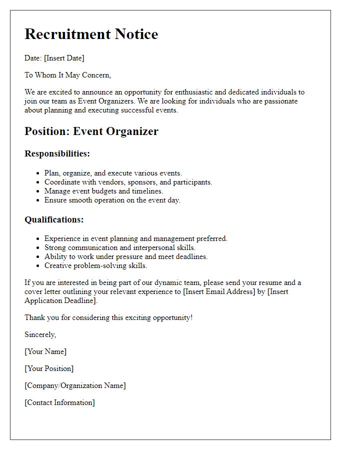 Letter template of recruitment notice for event organizers