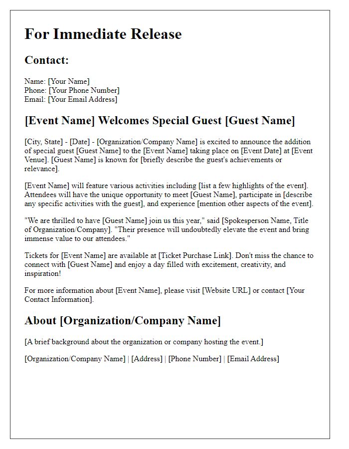 Letter template of event press release for special guest appearances.