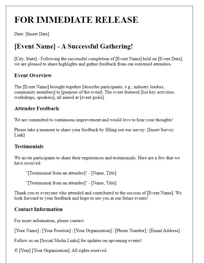 Letter template of post-event press release for feedback and testimonials.