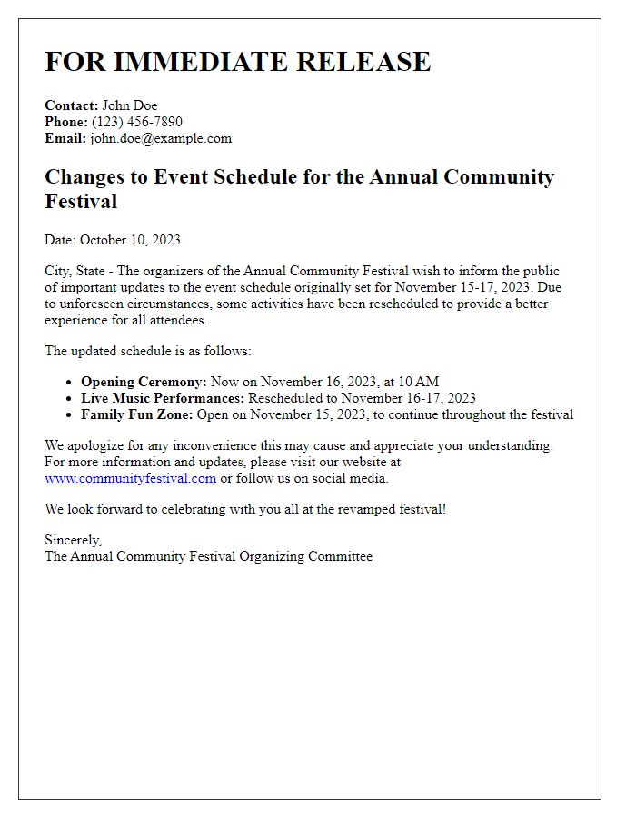 Letter template of press release for changes or updates to event schedules.