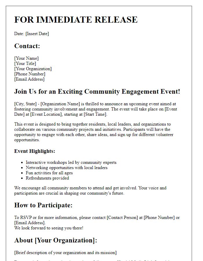 Letter template of press release for community engagement and involvement in events.