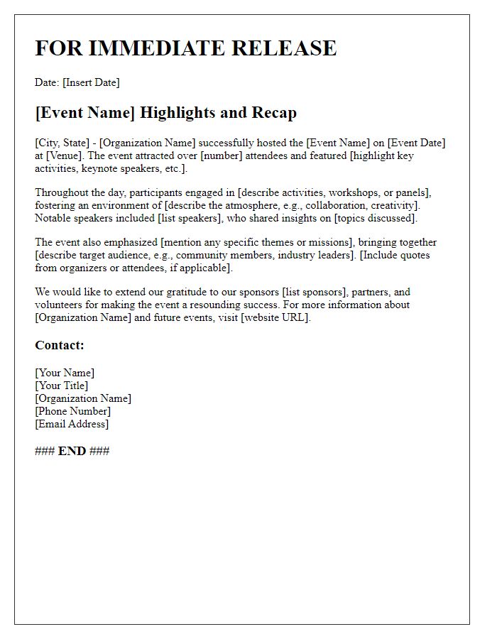 Letter template of press release for event highlight and recap.