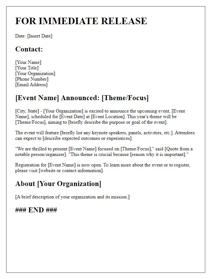 Letter template of press release for event theme or focus announcement.