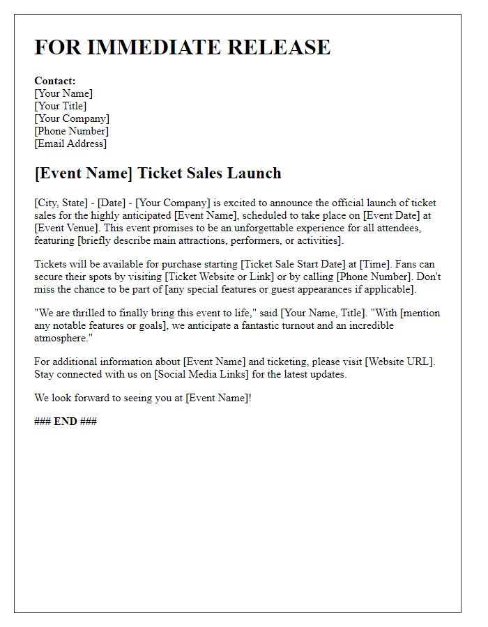 Letter template of promotional press release for ticket sales launch.