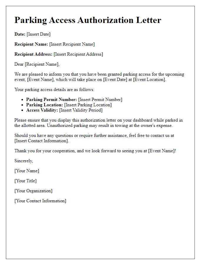Letter template of event-related parking access authorization