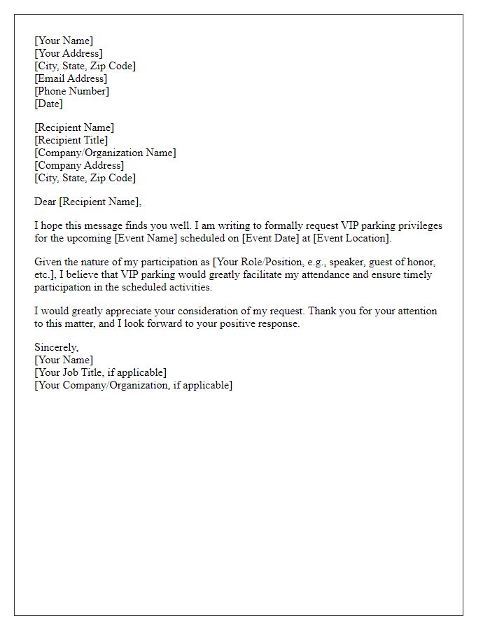 Letter template of formal request for VIP parking during the event