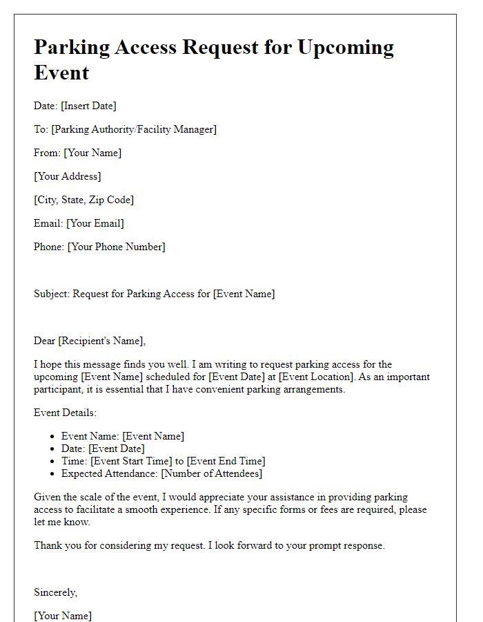 Letter template of parking access request for upcoming event