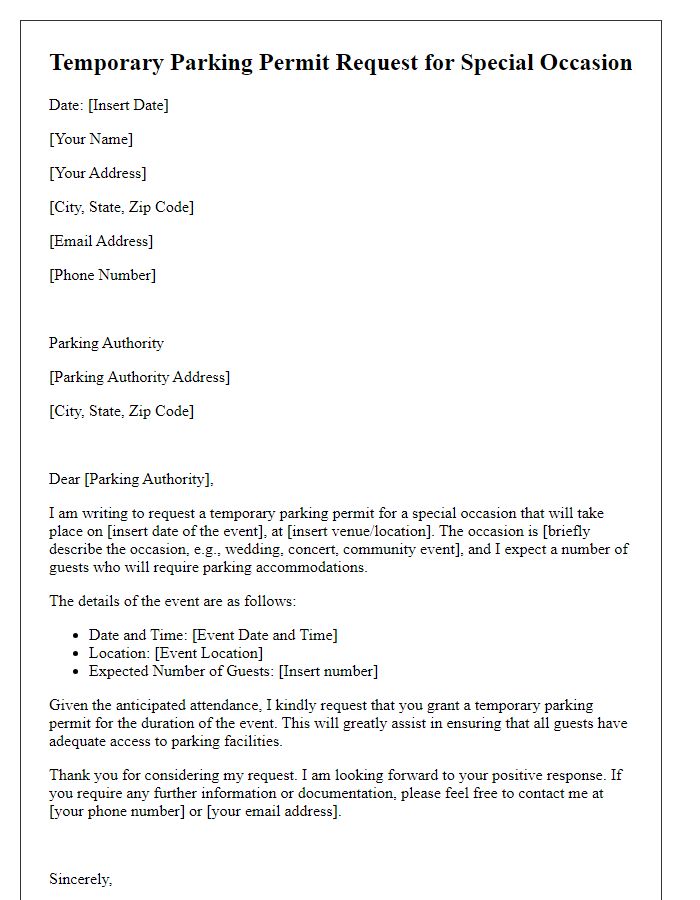 Letter template of temporary parking permit request for special occasions