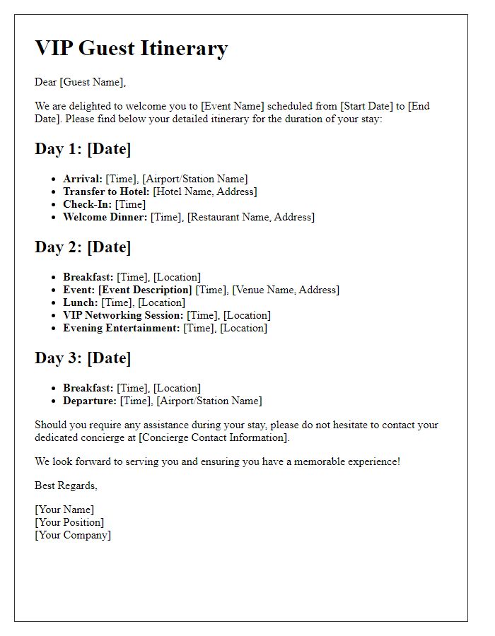 Letter template of detailed itinerary for VIP guests