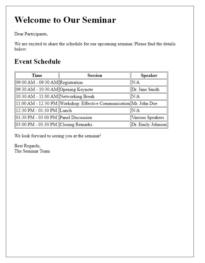 Letter template of event schedule for seminar participants