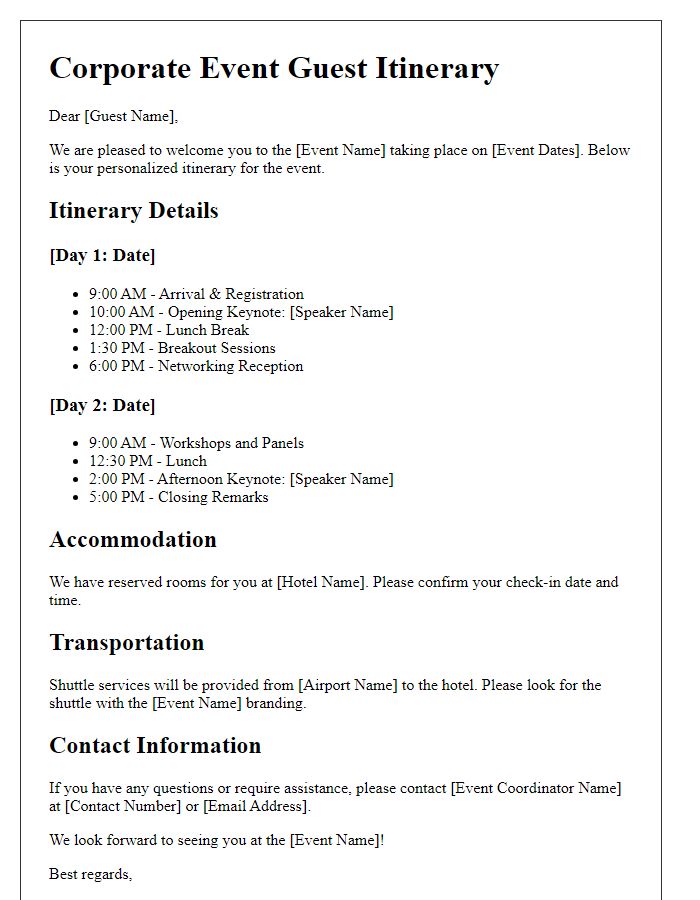 Letter template of guest itinerary for corporate event distribution