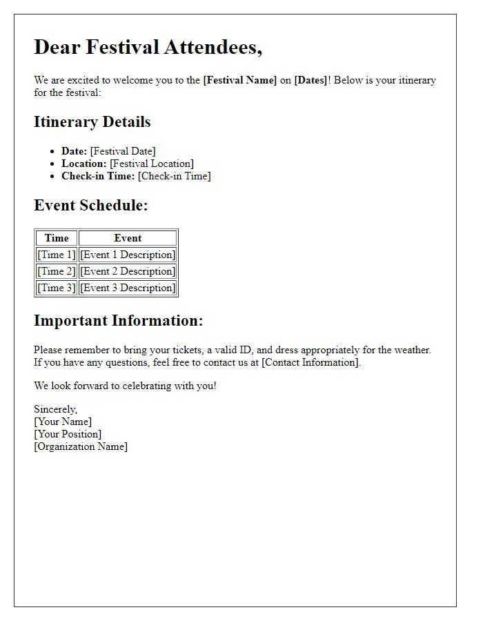 Letter template of itinerary information for festival attendees