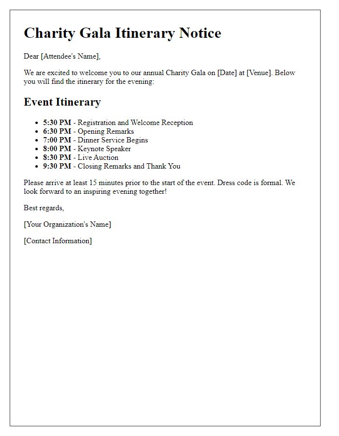 Letter template of itinerary notice for charity gala attendees