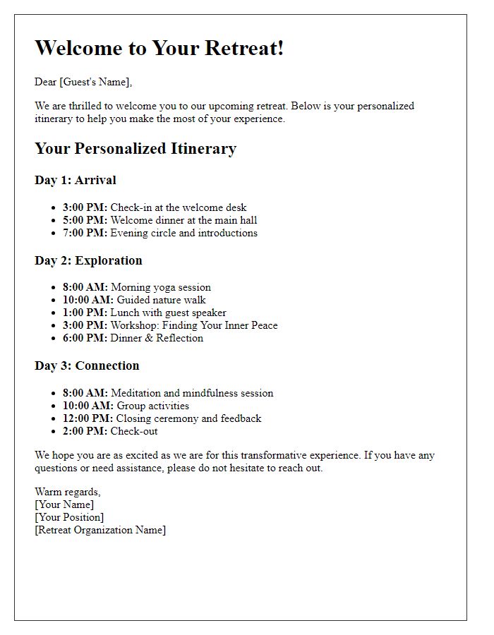 Letter template of personalized itinerary for retreat guests