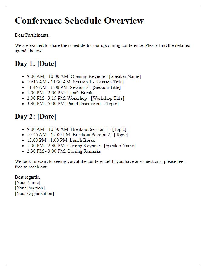 Letter template of schedule overview for conference participants