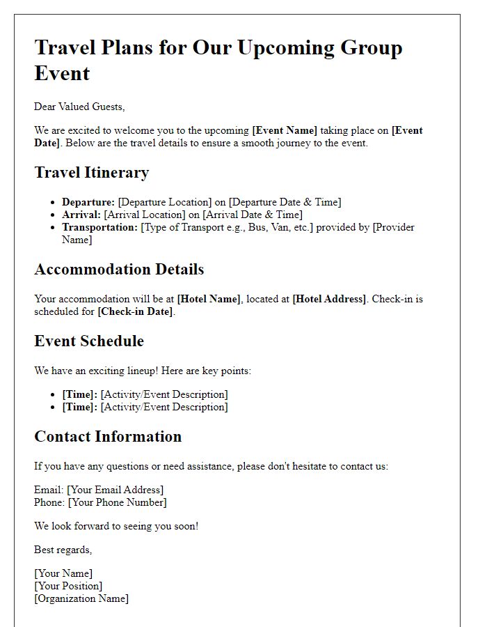 Letter template of travel plans for group event guests