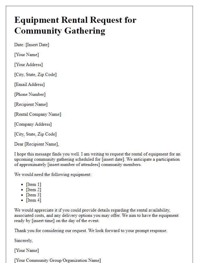 Letter template of community gathering equipment rental request