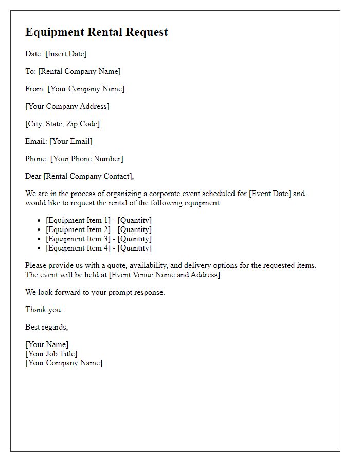 Letter template of corporate event equipment rental request